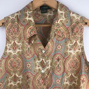 J. Crew Sleeveless Paisley Blouse Button Down Collared Shirt Multicolor XL
